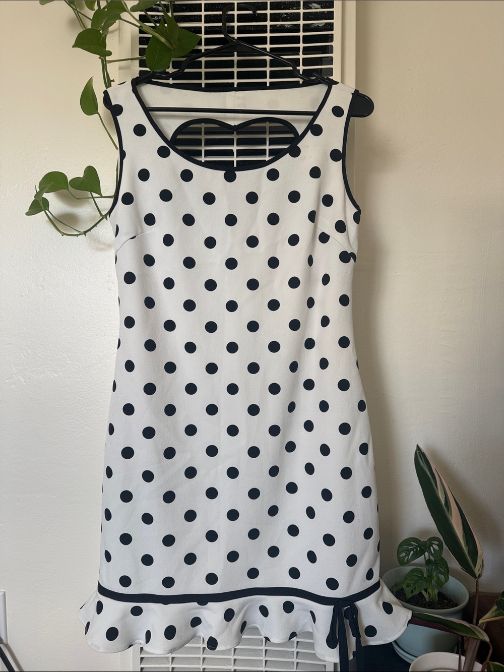 Betsy Johnson White and Black Polka Dot Sleeveless Dress with Heart Cutout